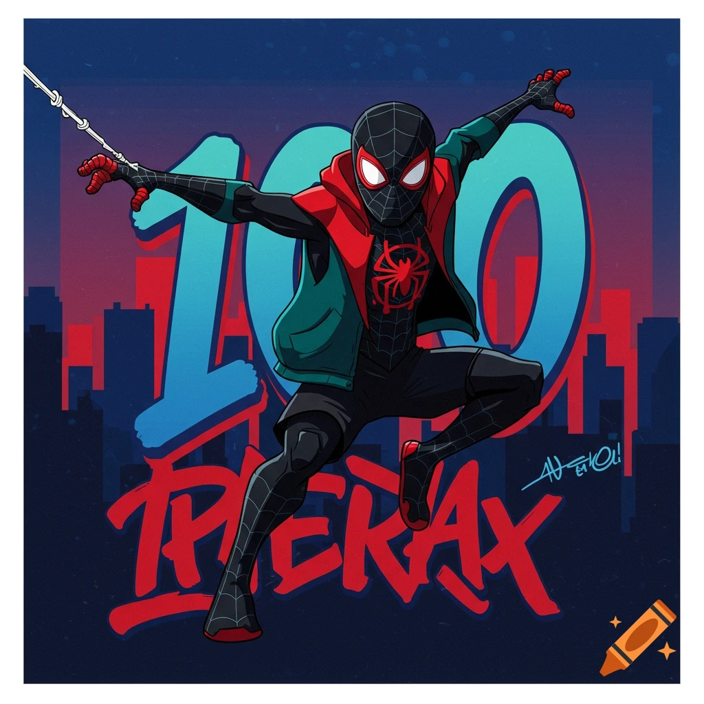 Miles Morales as Spider-Man in a dynamic pose, swinging against a blue and red city skyline with a large '100' in the background.