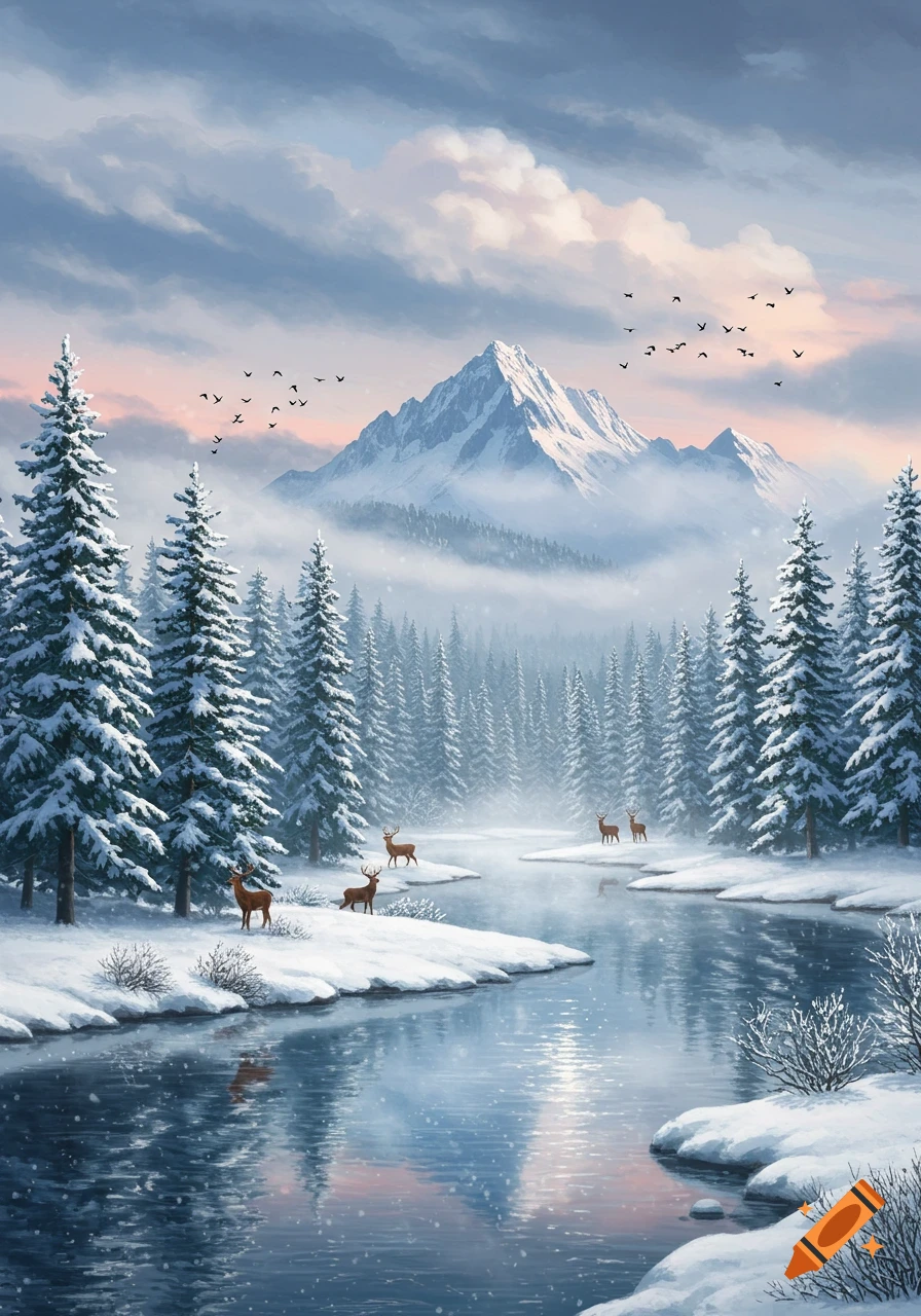 A serene winter landscape with a river flowing through a snowy forest, snow-capped mountains, and deer on the banks, with birds flying overhead.