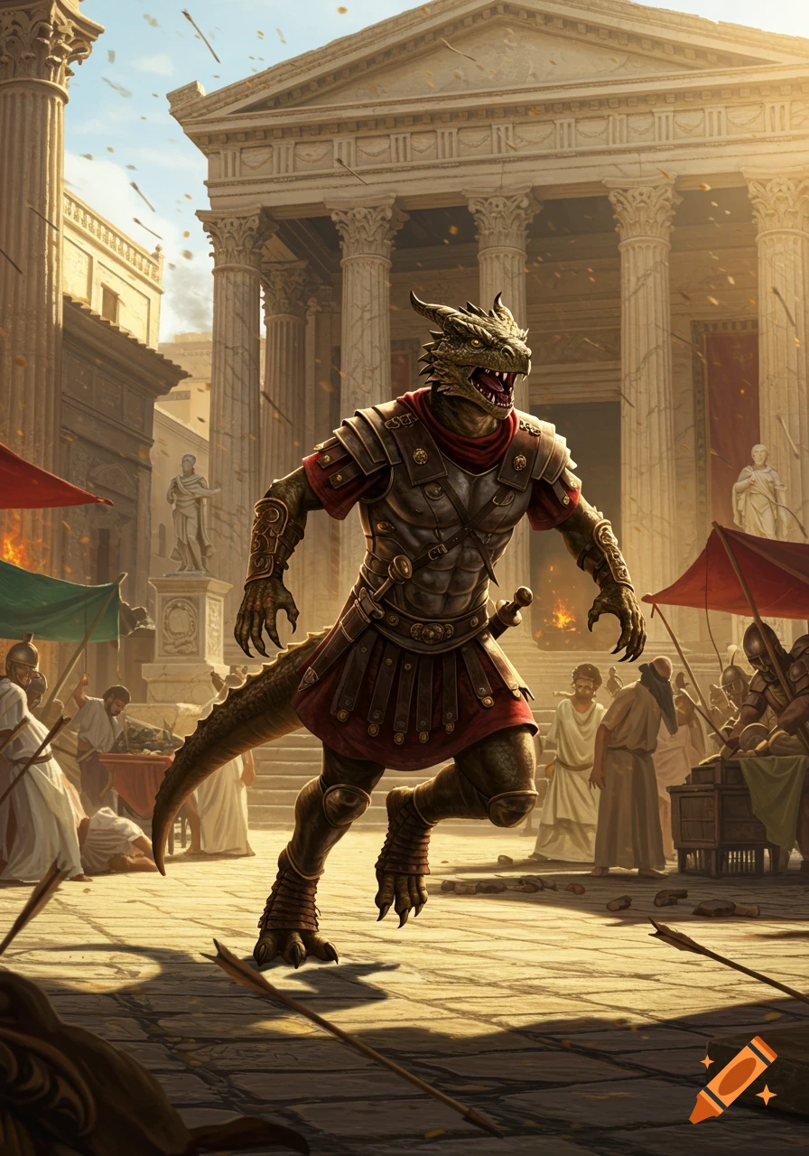 A humanoid lizard soldier in Roman armor runs through an ancient temple square, dodging arrows.