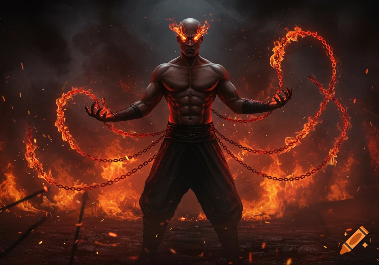 Bald, muscular man with fiery eyes conjures flaming chains amidst fire and smoke, in a dark fantasy digital painting.