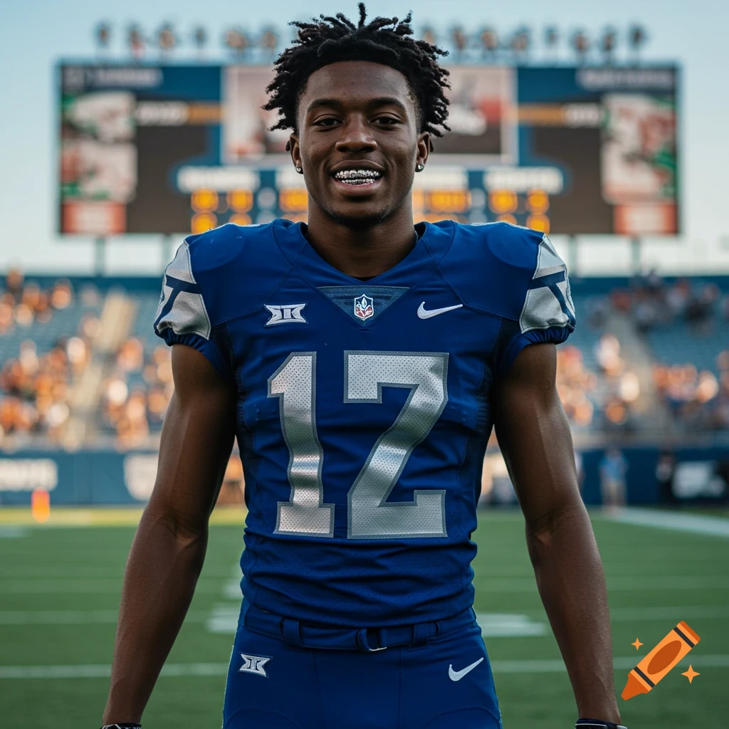 A young Black man with dreadlocks and braces smiles, wearing a blue football uniform with number 17 on a football field.