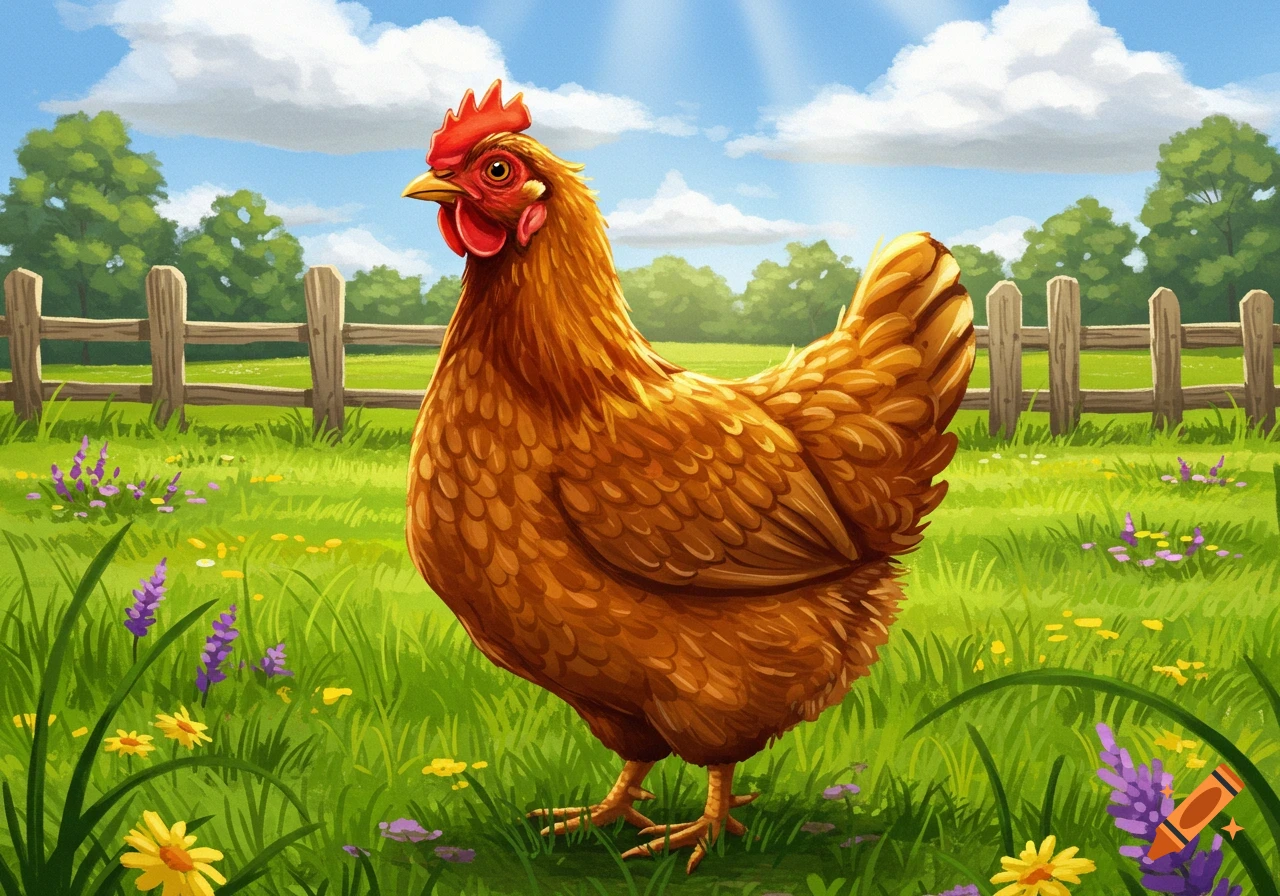 A brown chicken stands in a bright green field filled with wildflowers, under a blue sky with white clouds and sunlight, in an illustrative style.