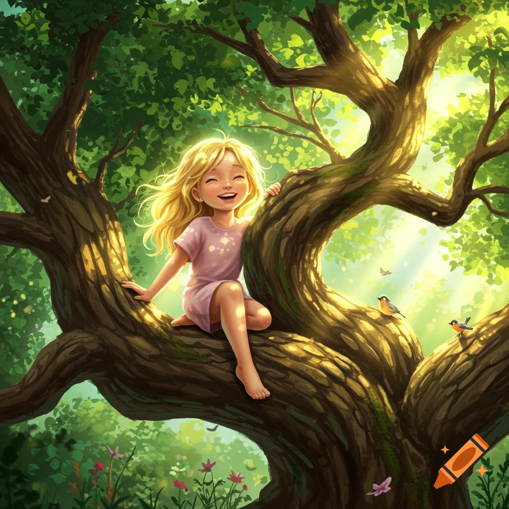Smiling blonde girl with long hair sitting on a large tree branch, surrounded by lush green leaves and bright sunlight, in an illustration.