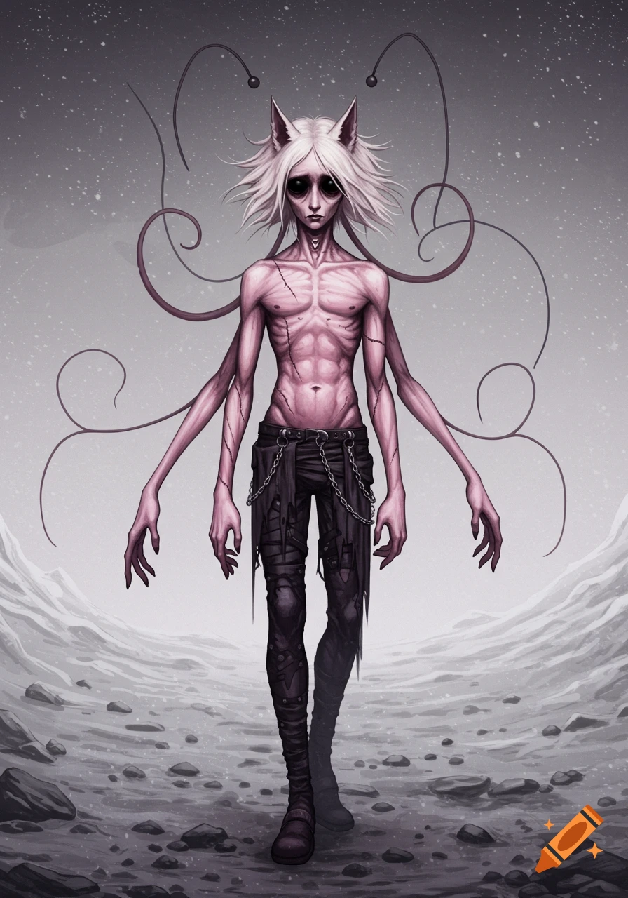 An emaciated, pale-skinned humanoid with cat-like ears, black eyes, multiple arms, and alien tendrils, wearing dark emo clothing in a desolate, grey landscape.