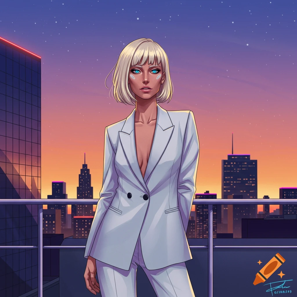 An illustrated portrait of a blonde woman with blue eyes and cybernetic facial markings, wearing a white suit on a city rooftop at sunset.
