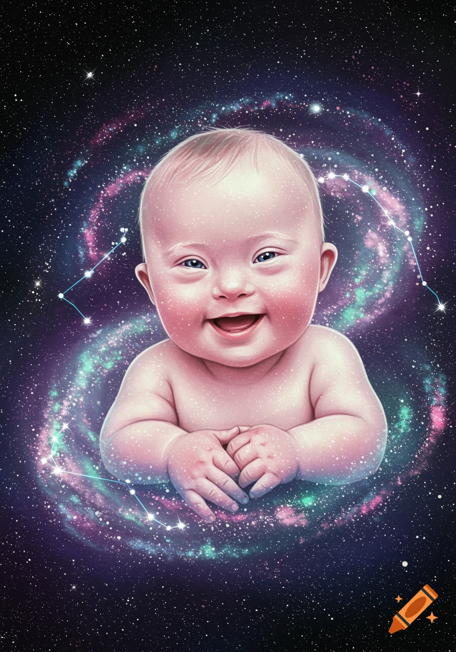 A smiling baby with Down syndrome, set against a vibrant background of a swirling galaxy and constellations.