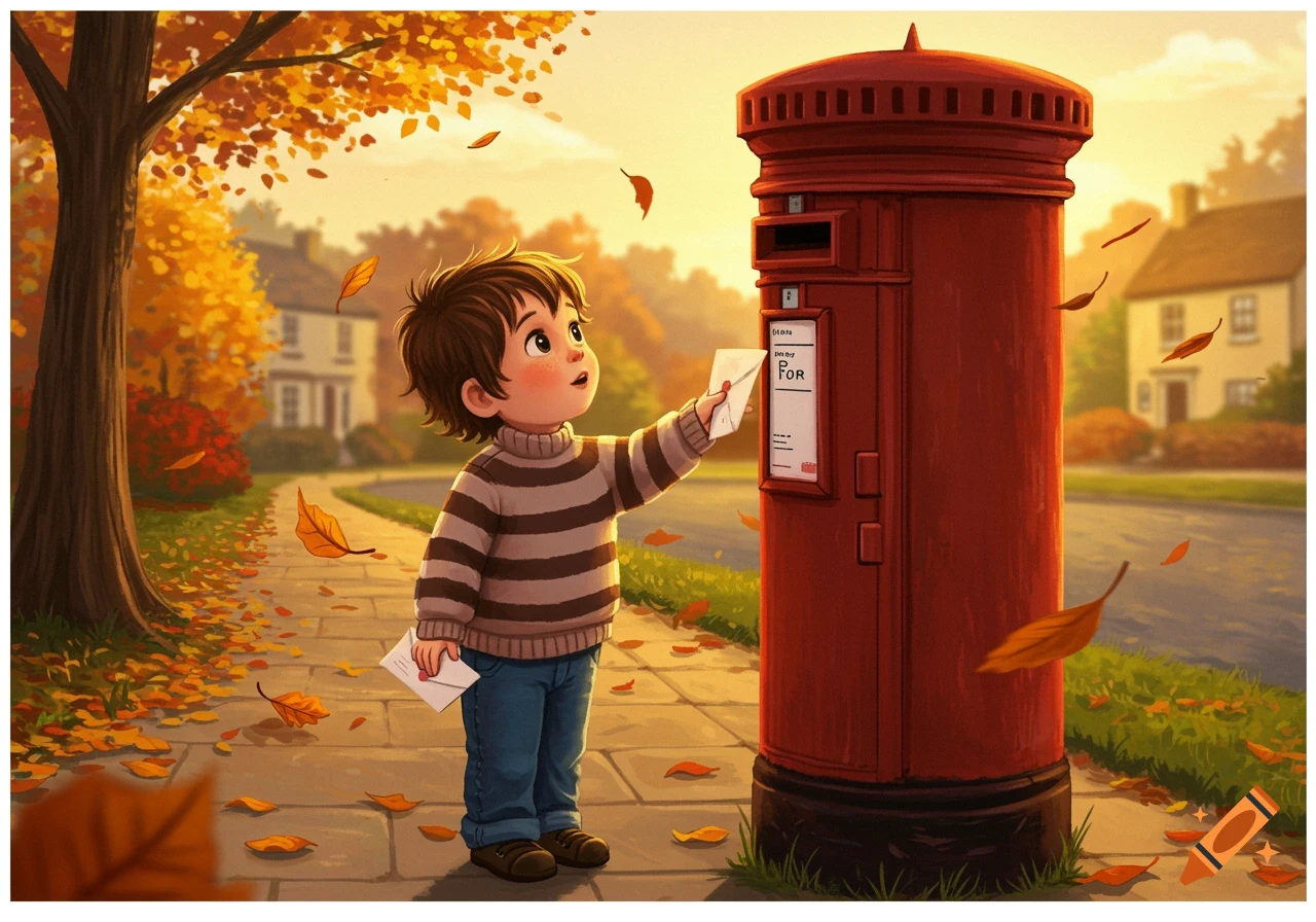 A cartoon boy in a striped sweater puts a letter into a red mailbox on an autumn day with falling leaves.