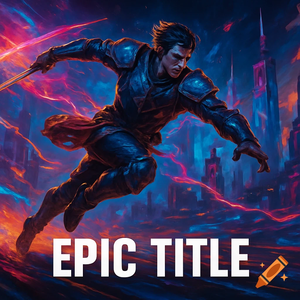 Fantasy male warrior in dark armor leaps with a sword against a neon-lit city. 'EPIC TITLE' at the bottom.