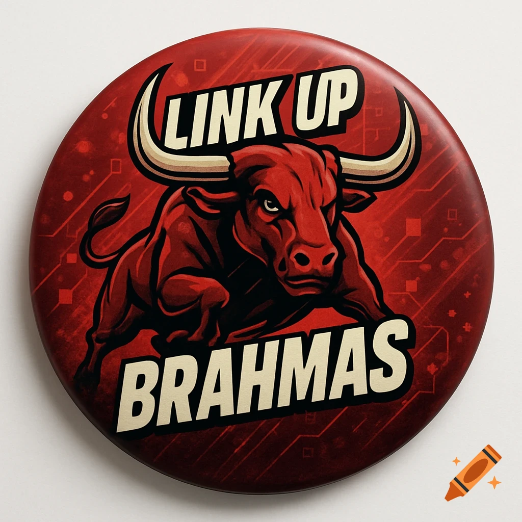 A red button graphic with a stylized red Brahma bull and the text 'LINK UP BRAHMAS' on a circuit board pattern background.