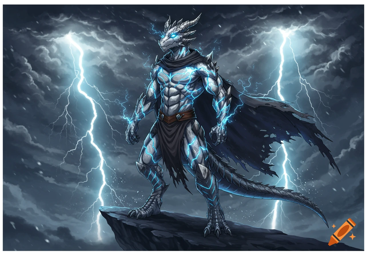 Anime-style lightning dragonborn stands powerfully on a cliff against a stormy, lightning-filled sky.