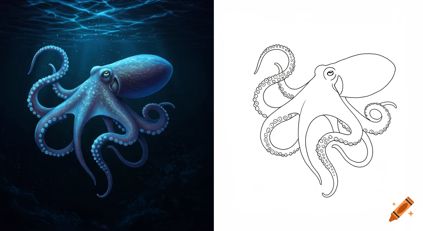 A two-page spread showing a realistic bioluminescent octopus underwater on the left and a black-and-white outline of the same octopus on the right.