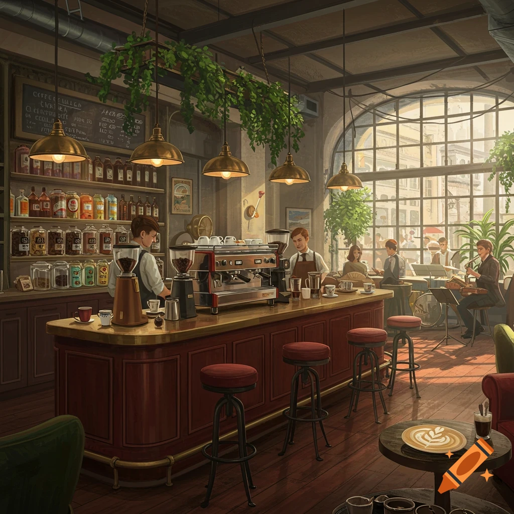 A bustling vintage-style coffee bar with baristas, customers, and a band playing by a large window.