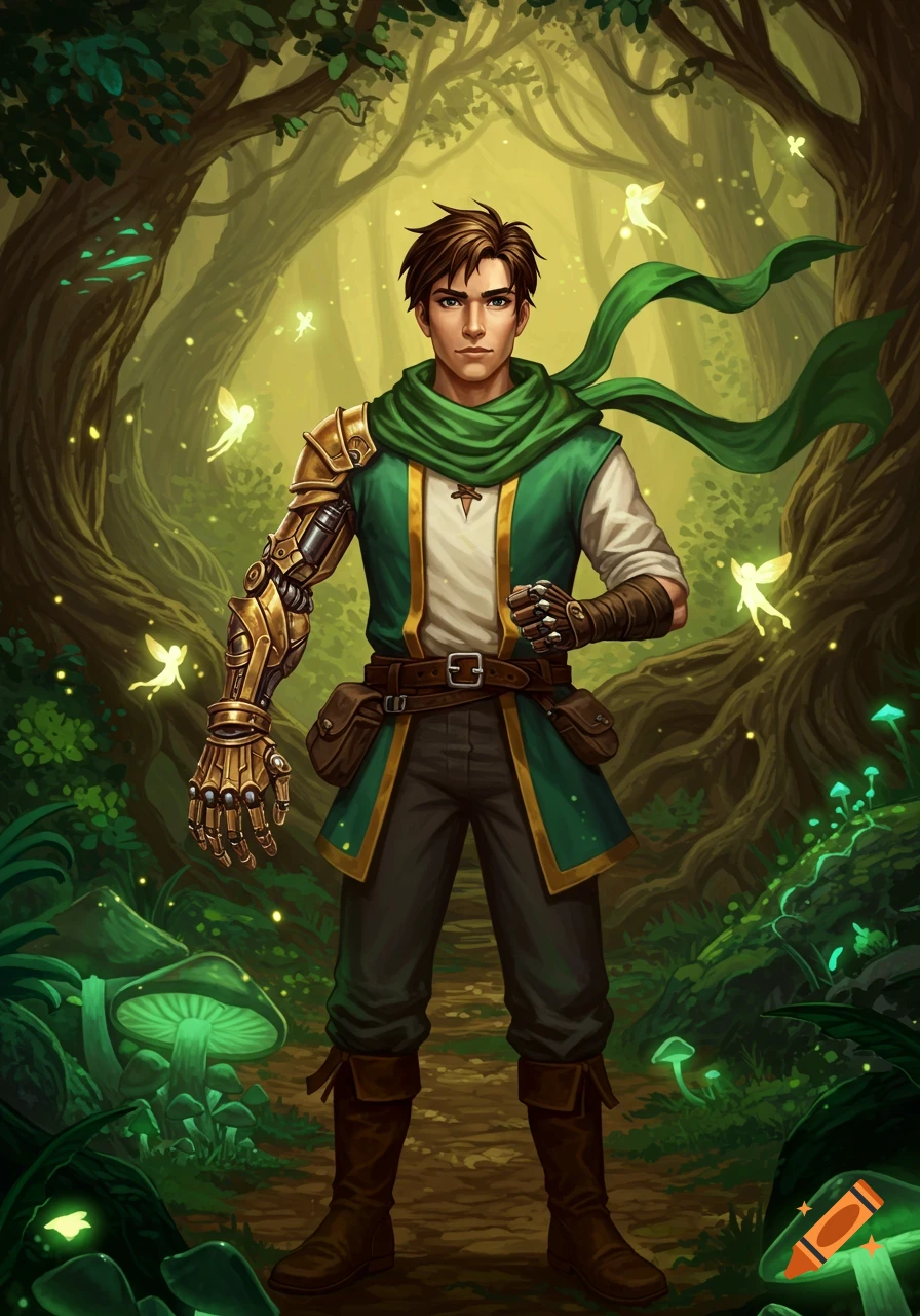 Fantasy illustration of a young man with a mechanical arm and green scarf standing in an enchanted forest with fairies.