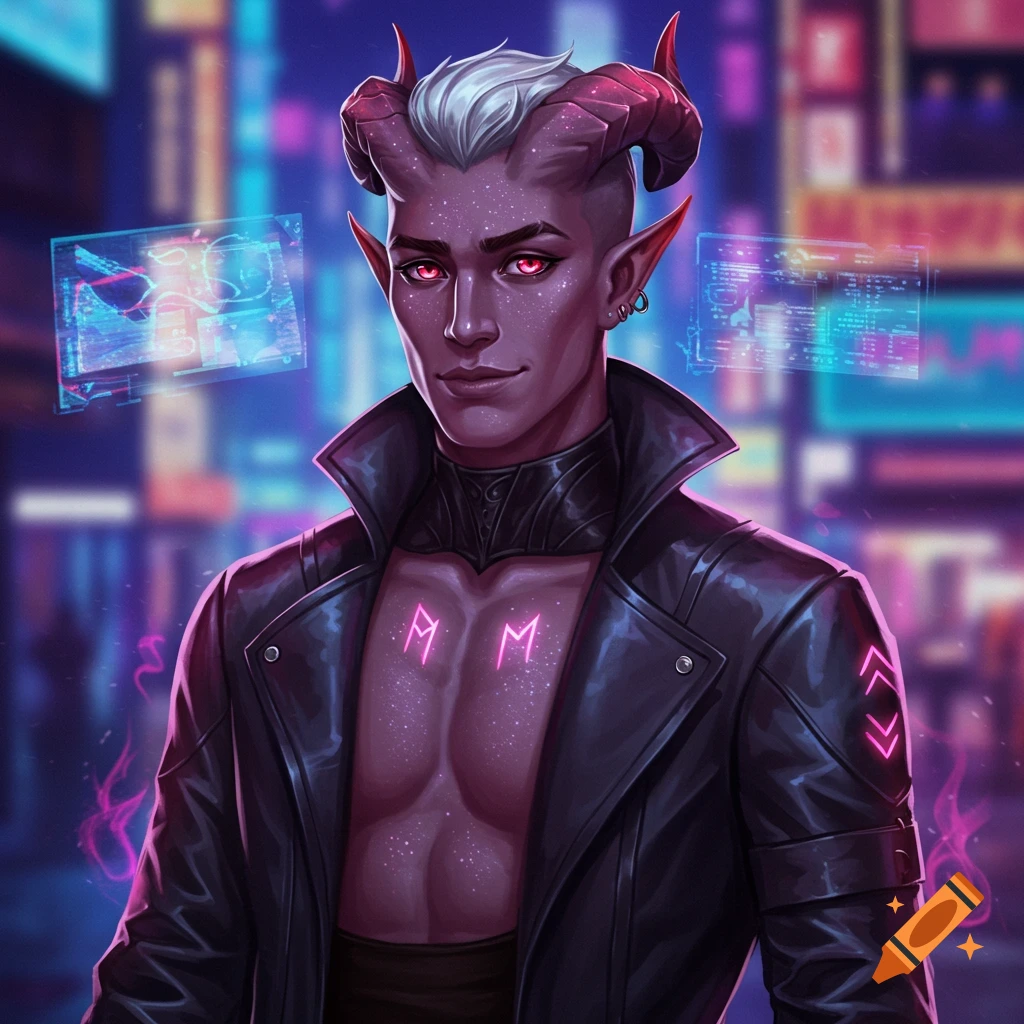 A tiefling male with purple skin, red eyes, white hair, and horns, wearing an open leather jacket in a cyberpunk city.