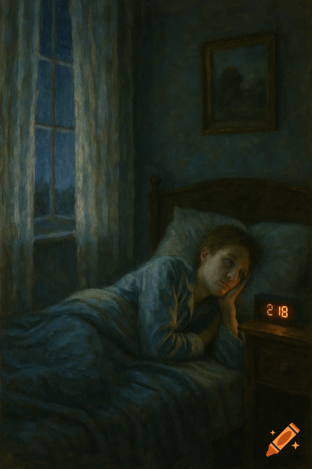 A person lies awake in bed at night, glancing at a glowing digital clock showing 2:18, in an oil painting style.