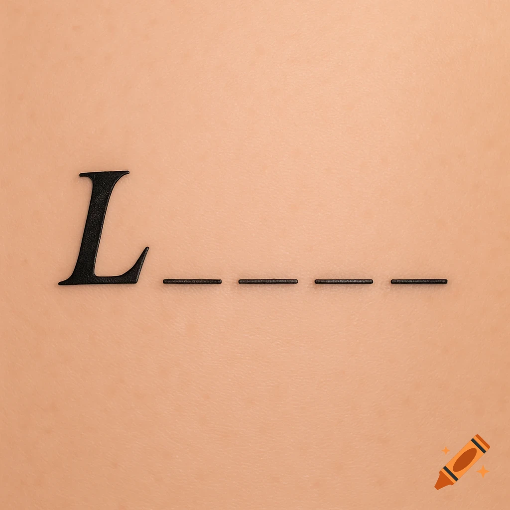 A close-up of a capital L followed by four underscores, resembling a hangman puzzle, tattooed on light-toned skin.