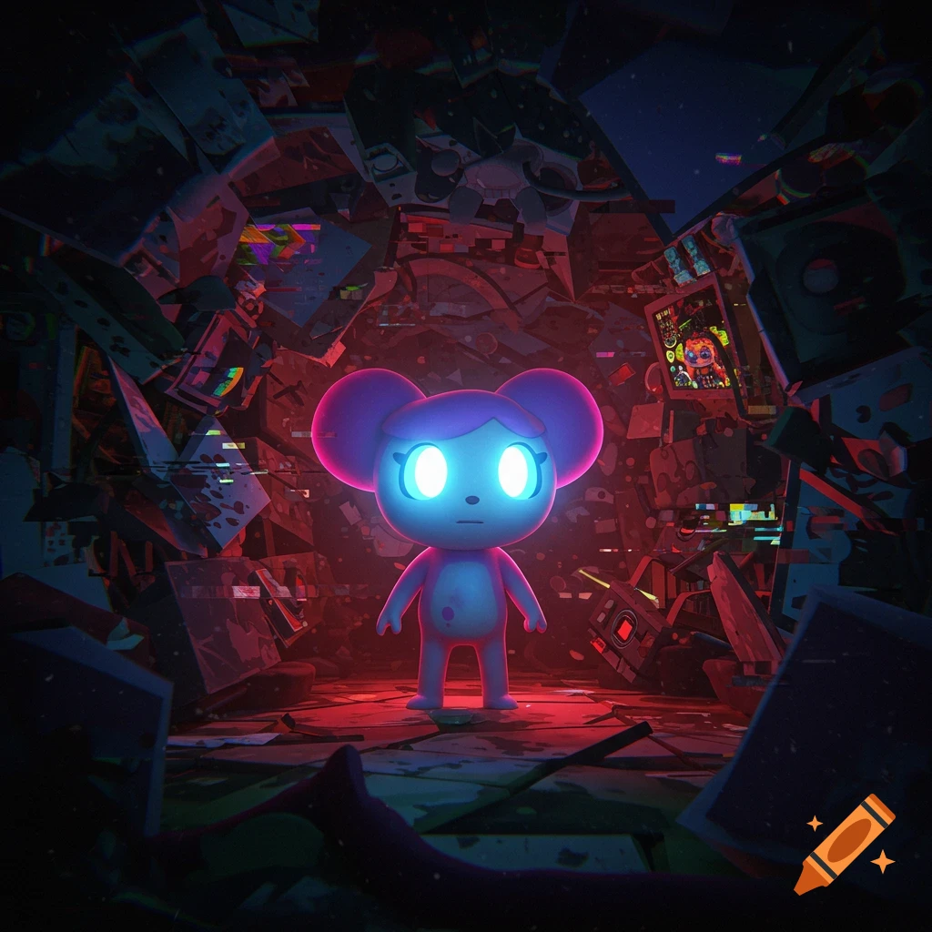 The cartoon character Pibby stands in a dark, red-lit, glitched environment with glowing blue eyes.