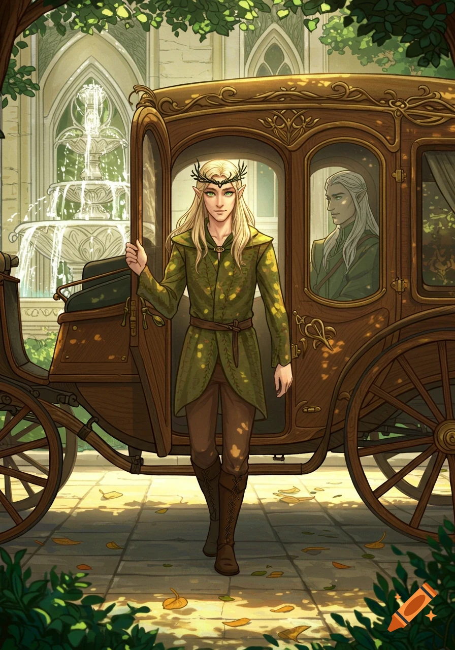 Blonde elven prince in green robes steps from ornate carriage at a fountain. An older elf watches from inside. Fantasy illustration.