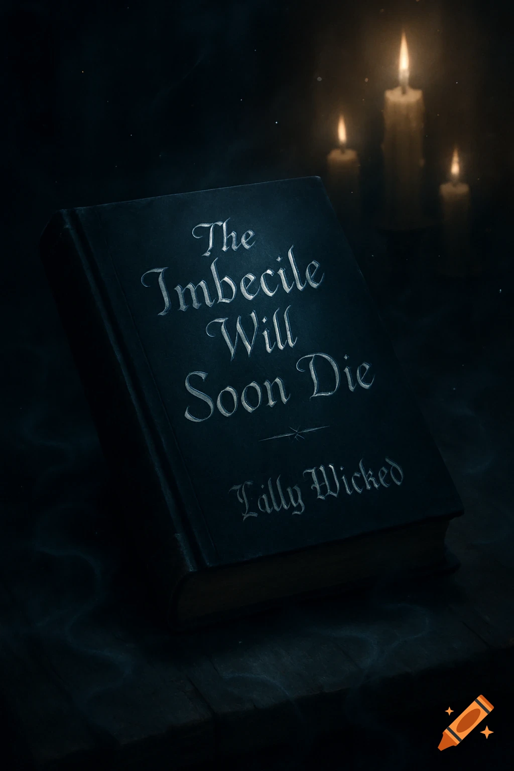 A dark book with silver text "The Imbecile Will Soon Die" on a wooden table, lit by flickering candles in a moody, dark setting.