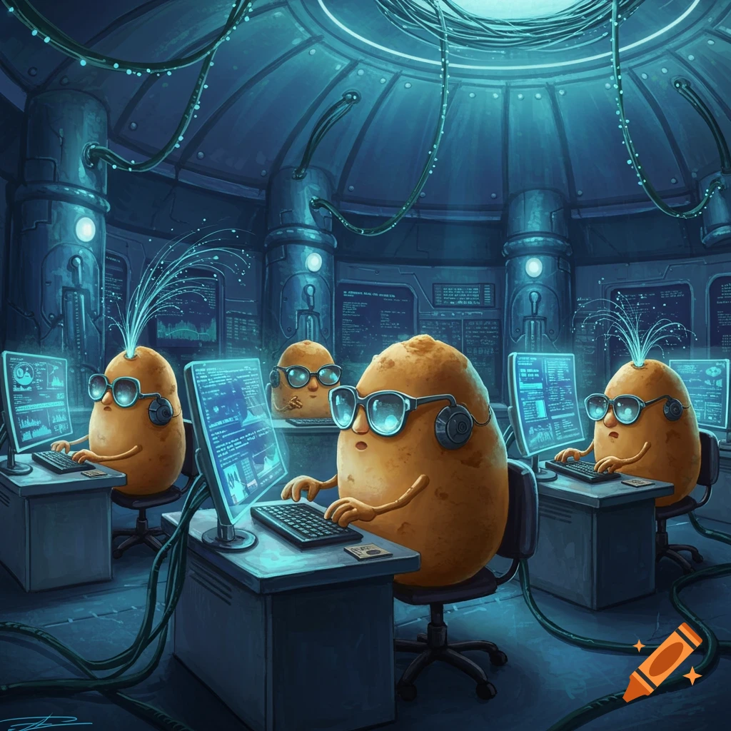 Cartoon potatoes with glasses and headphones typing at computers in a blue, high-tech control room with glowing screens and wires.