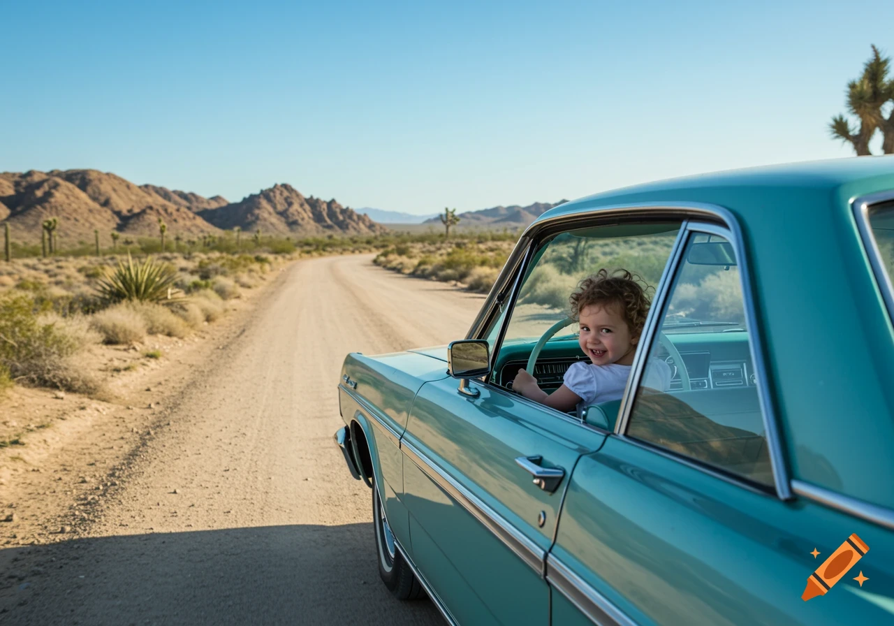 A smiling little girl in the driver's seat of a teal vintage car on a desert dirt road with mountains and cacti.