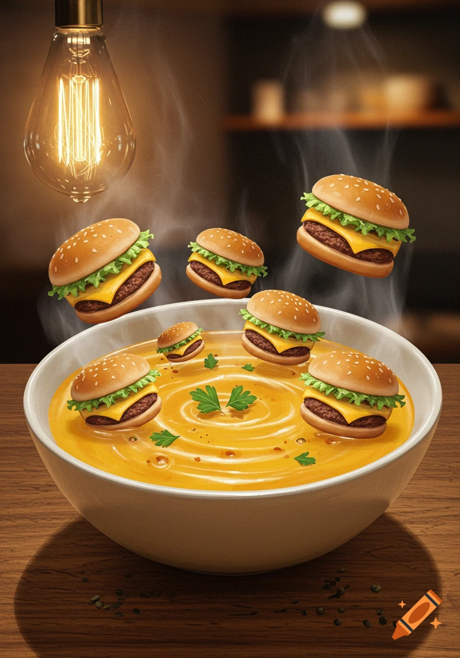 A whimsical image of a glowing Edison bulb above a bowl of yellow soup with several miniature cheeseburgers and parsley floating in it.