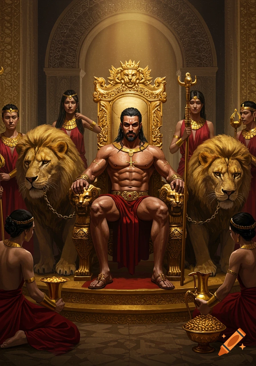 A powerful, bare-chested king with dark hair sits on a grand golden throne, flanked by two chained lions. Attendants in red robes surround him, holding golden artifacts in a richly decorated royal chamber, rendered in a realistic, detailed style.