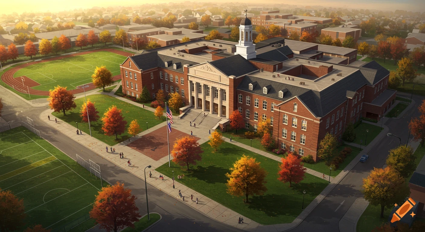 Aerial view of a brick school campus with a central building, sports fields, and colorful autumn trees on a sunny day.