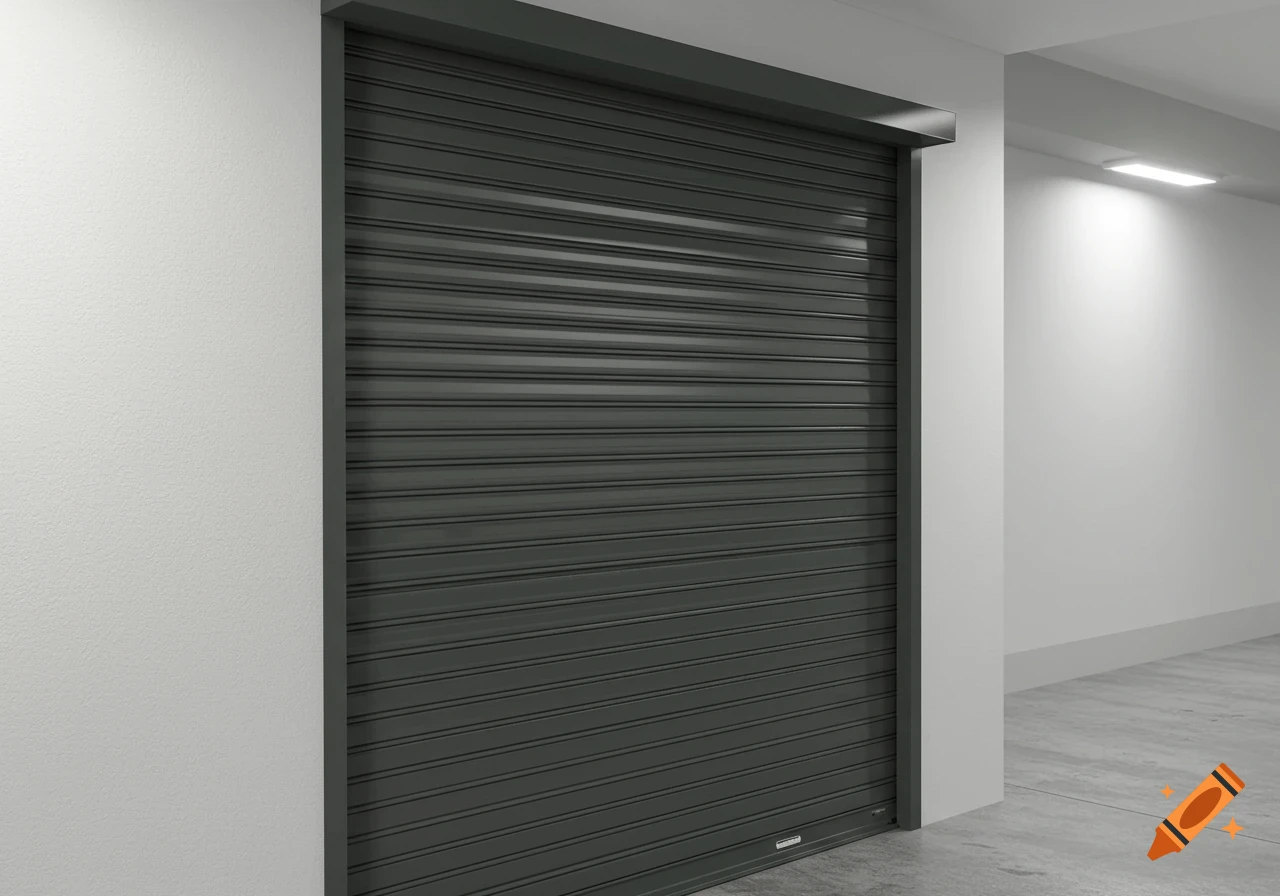 A grey roller shutter door in a modern room with white walls, a concrete floor, and fluorescent lighting.