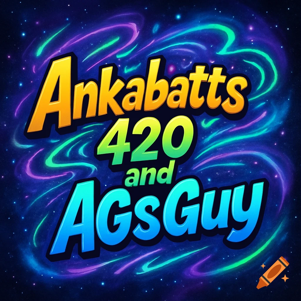 Stylized text 'Ankabatts 420 and AGsGuy' in yellow, green, and blue, over a vibrant cosmic background with stars and swirling nebulae.