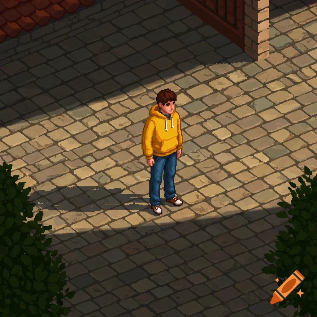 An isometric pixel art depiction of a young man in a yellow hoodie standing on a cobblestone path in sunlight.