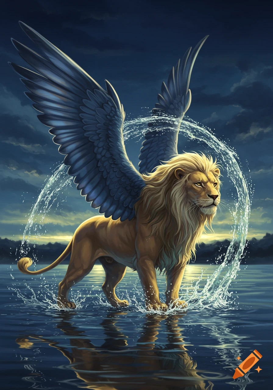A majestic winged lion stands in shallow water, water splashing around its legs, under a dramatic, cloudy sky. Digital painting.