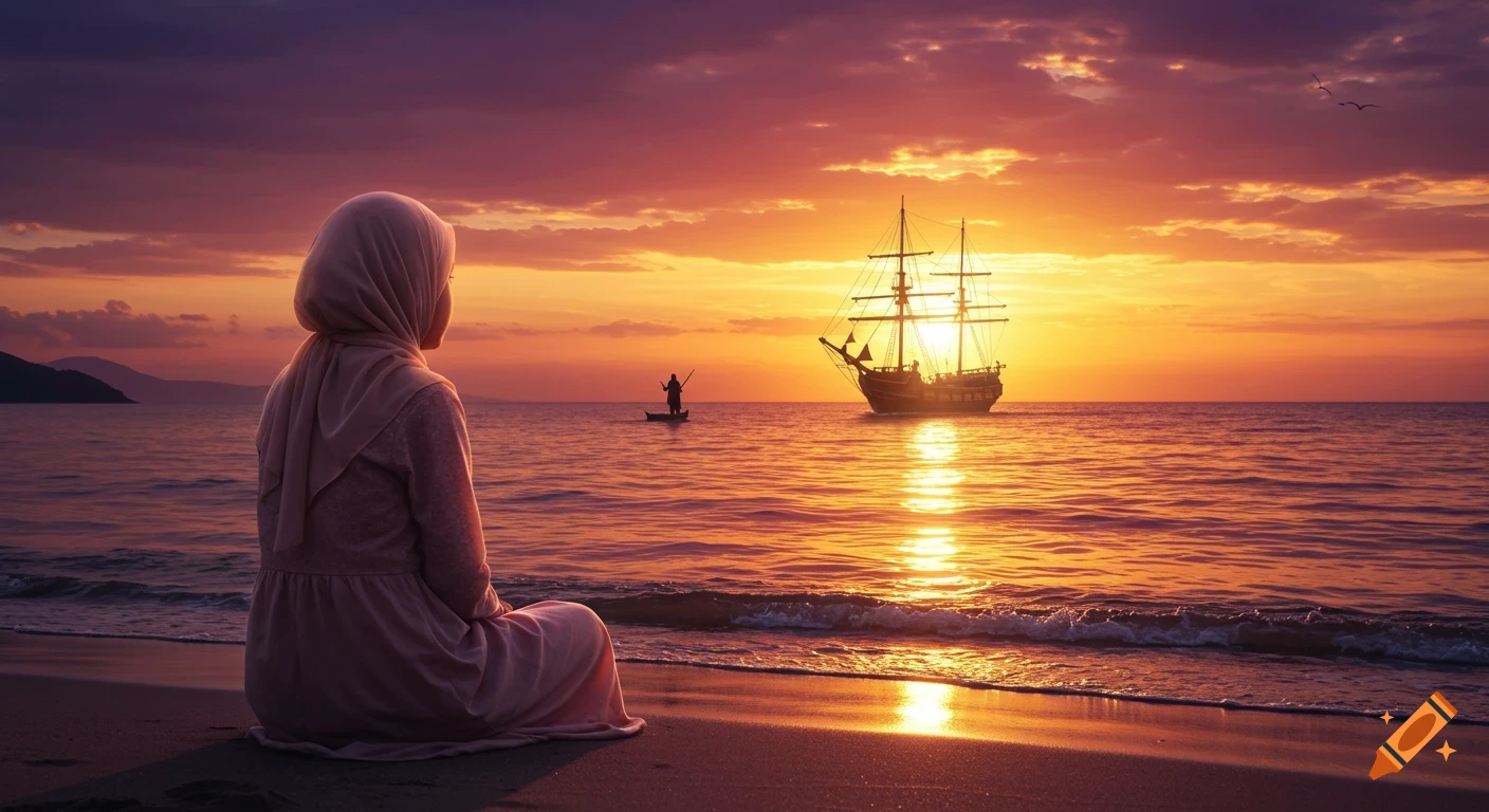 A woman in a hijab sits on a beach at sunset, facing the sea with a ship and a person in a boat in the distance, photorealistic.