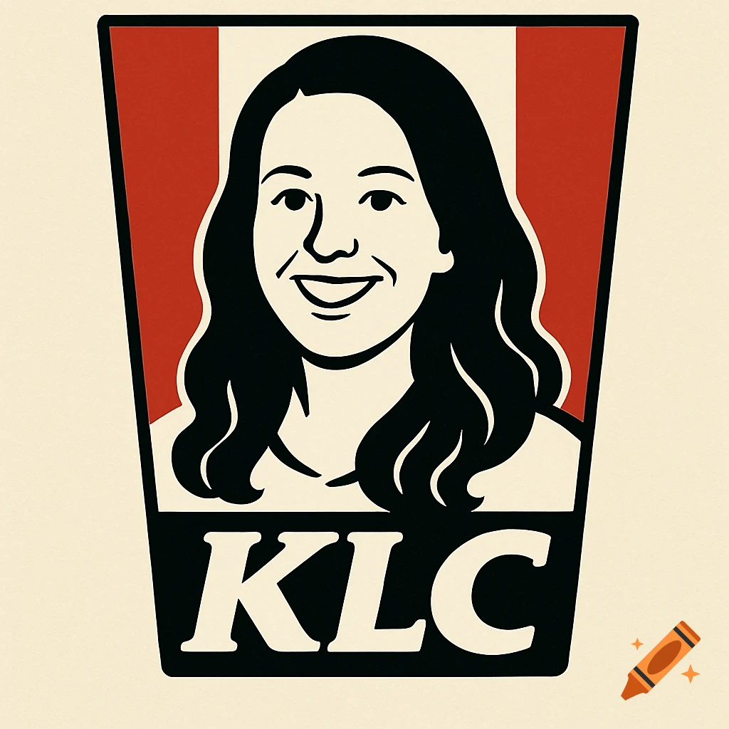 A stylized parody logo featuring a woman's smiling face with long dark hair, resembling Colonel Sanders, with the text "KLC" below her. The background is red and white stripes.