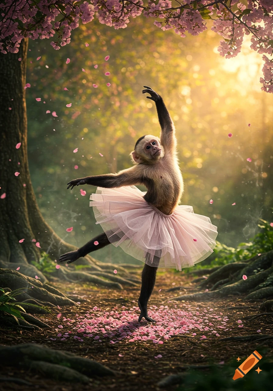 A capuchin monkey ballerina in a pink tutu dances in a sunlit forest with falling pink cherry blossoms.