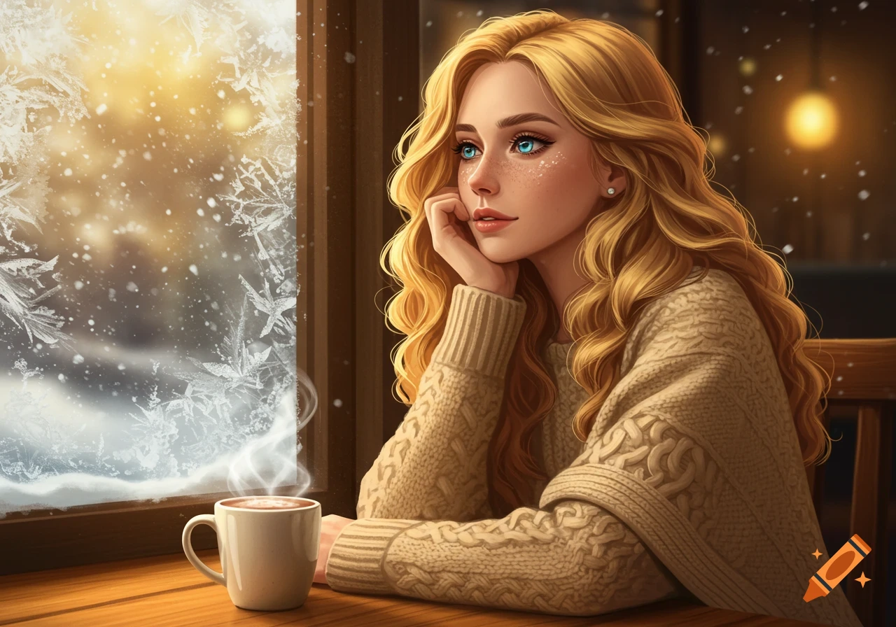 Anime portrait of a blonde woman with sparkling blue eyes and freckles, in a cozy sweater, looking out a snowy window with a mug.