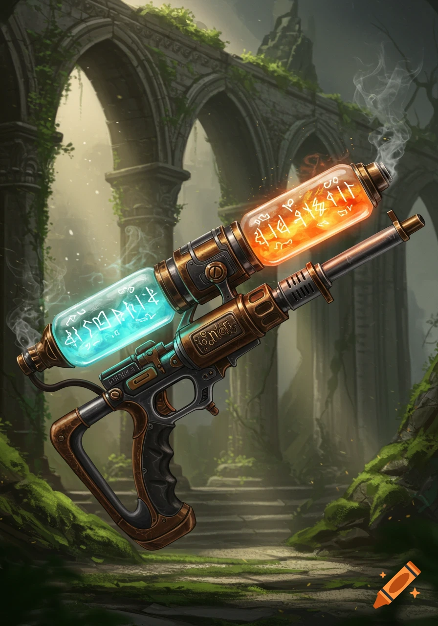 A stylized arcane weapon with glowing blue and orange vials adorned with runes, set against ancient, moss-covered ruins.