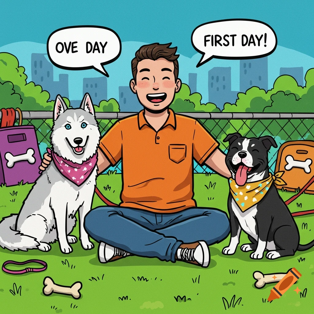 Cartoon man sitting cross-legged with a husky and an American bully in a park, with speech bubbles saying 'OVE DAY' and 'FIRST DAY!'