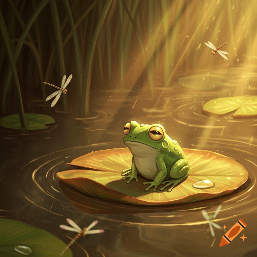A cute green frog with droopy eyes sits on a lily pad in a sunlit pond, with dragonflies flying above.