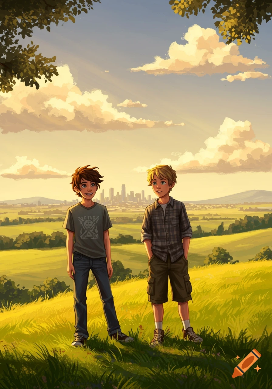 Two smiling boys stand on a grassy hill overlooking a distant city skyline at sunset in a vibrant illustration.