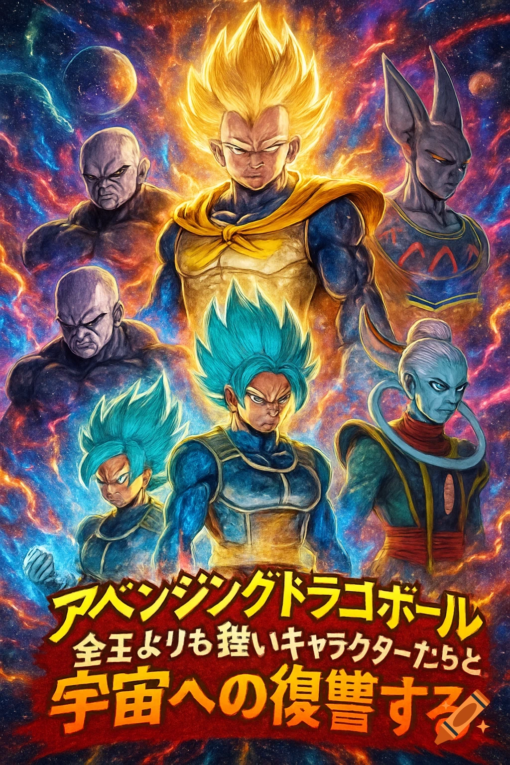 An anime-style poster with Dragon Ball-like characters including a Super Saiyan and a blue-haired Saiyan, Beerus, and Whis, against a cosmic background. Japanese text is at the bottom.