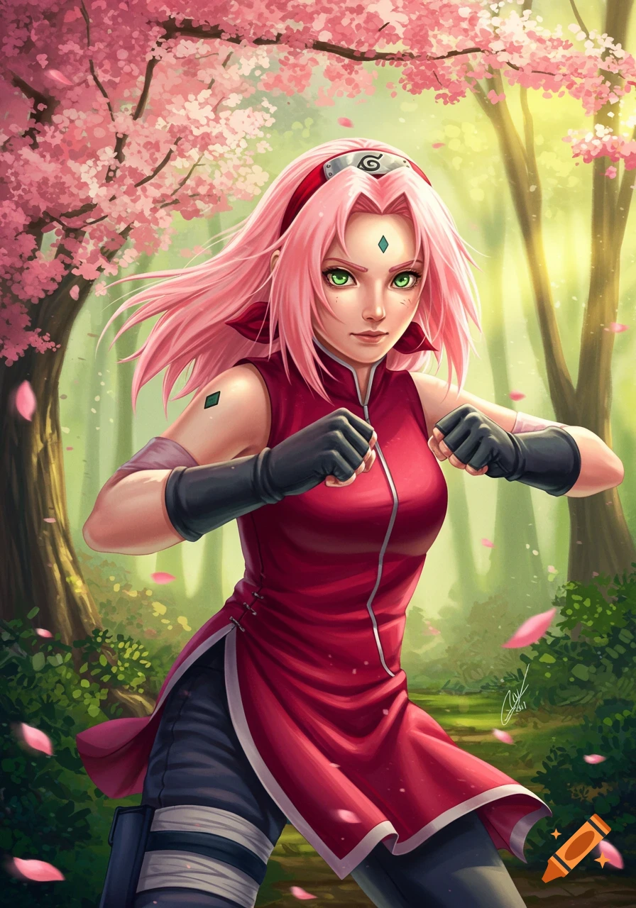 Sakura Haruno in combat attire, pink hair, green eyes, stands with clenched fists under a cherry blossom tree. Digital anime art.