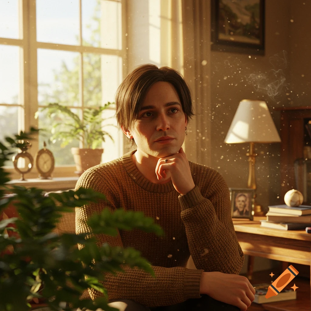 A contemplative man with dark hair in a brown sweater sits in a sunlit room, a plant in the foreground, photorealistic style.