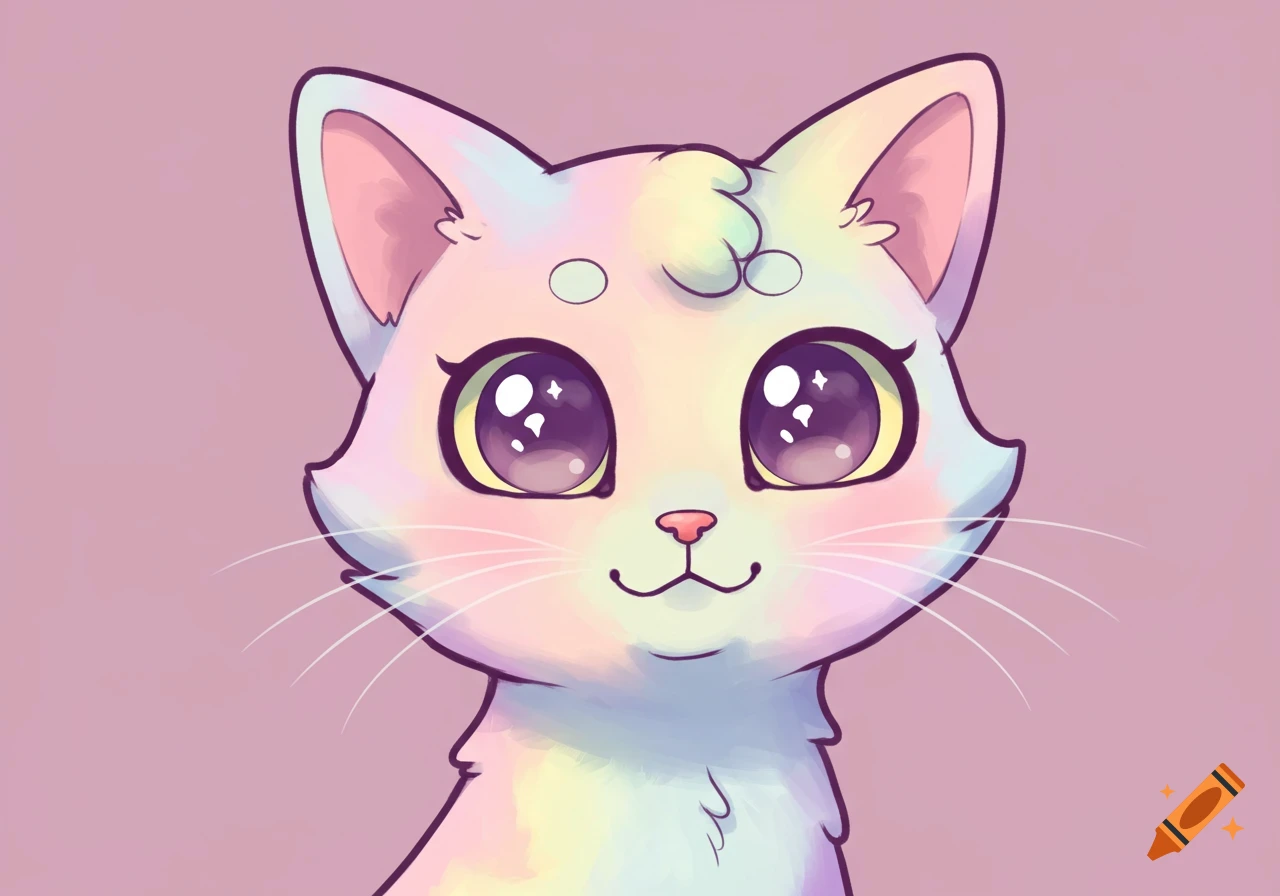 Close-up of a cute cartoon cat with pastel rainbow fur and large sparkly purple eyes against a pink background.