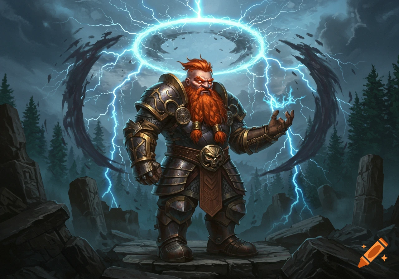 A powerful dwarf in ornate armor with a red beard stands amidst a stormy forest, surrounded by lightning and dark shadow aura.