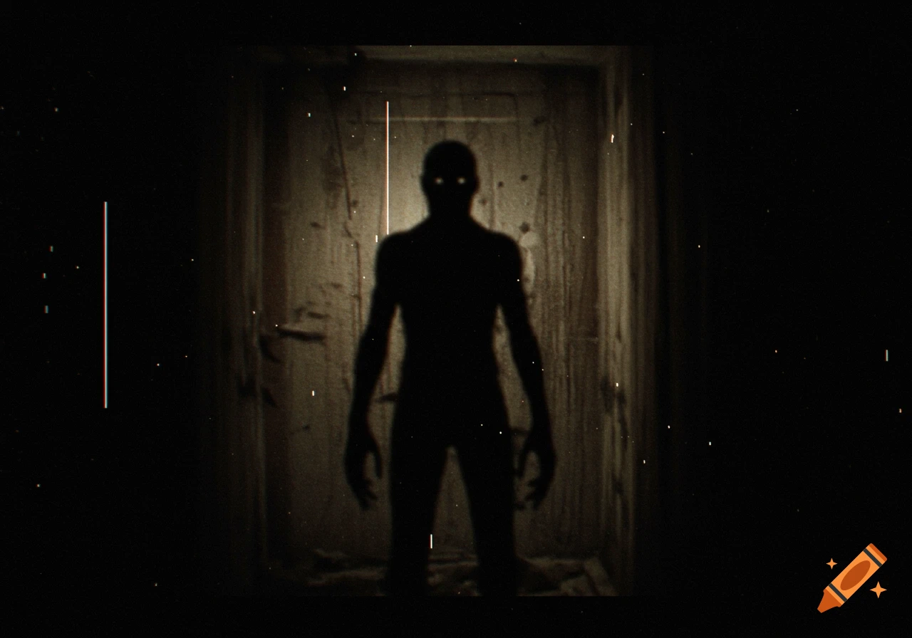 A silhouetted creature with glowing eyes stands in a dark, grimy hallway, depicted with a vintage VHS horror aesthetic.