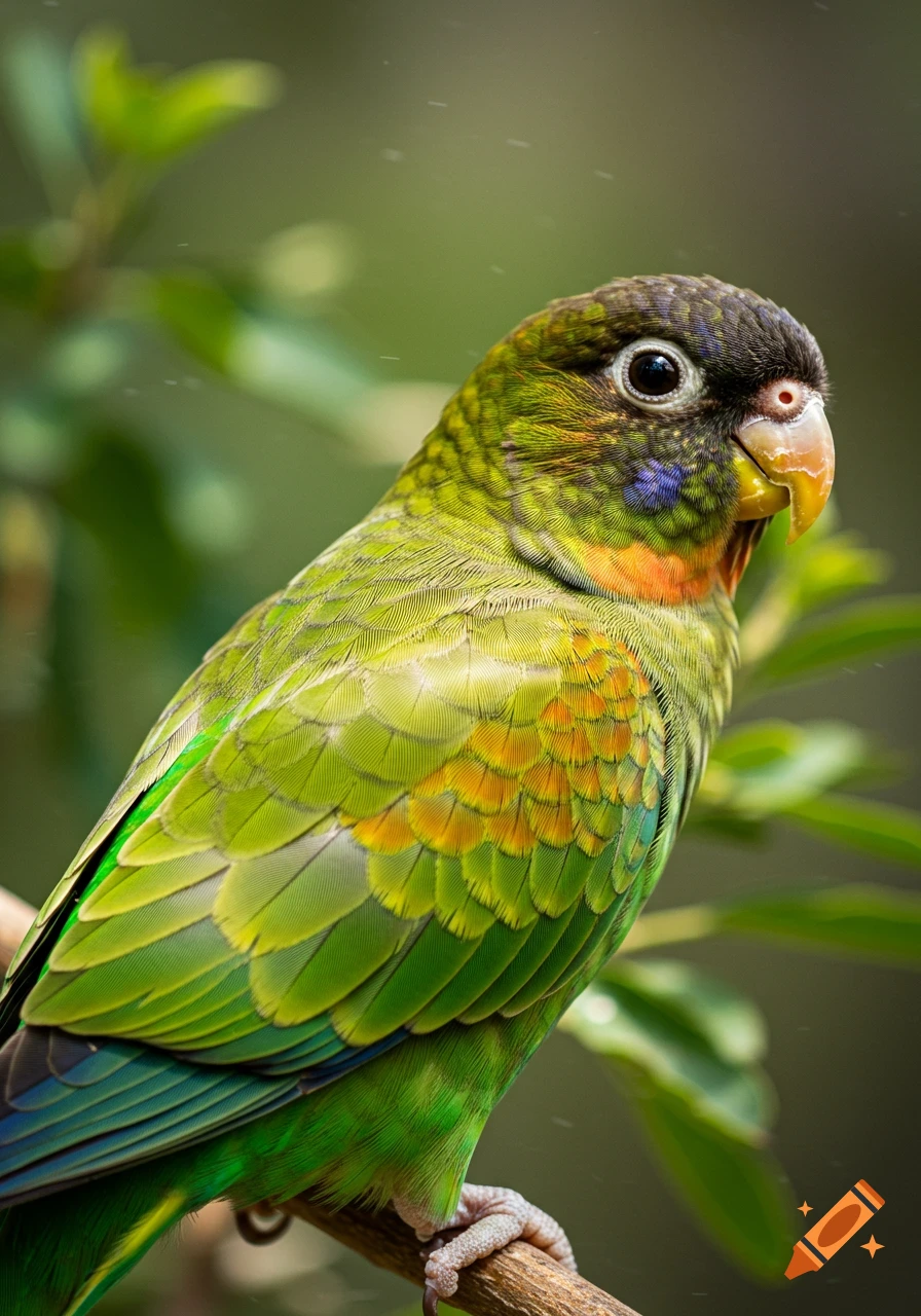 Close-up photorealistic portrait of a green parakeet with colorful feathers perched on a branch.