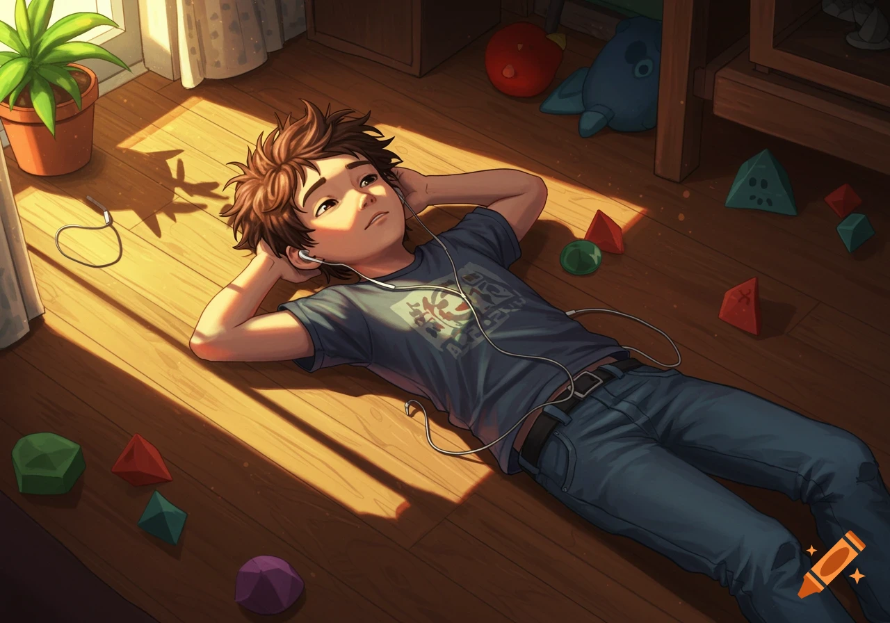 An anime-style illustration of a boy with messy brown hair lying on a wooden floor, listening to earbuds, bathed in warm sunlight.