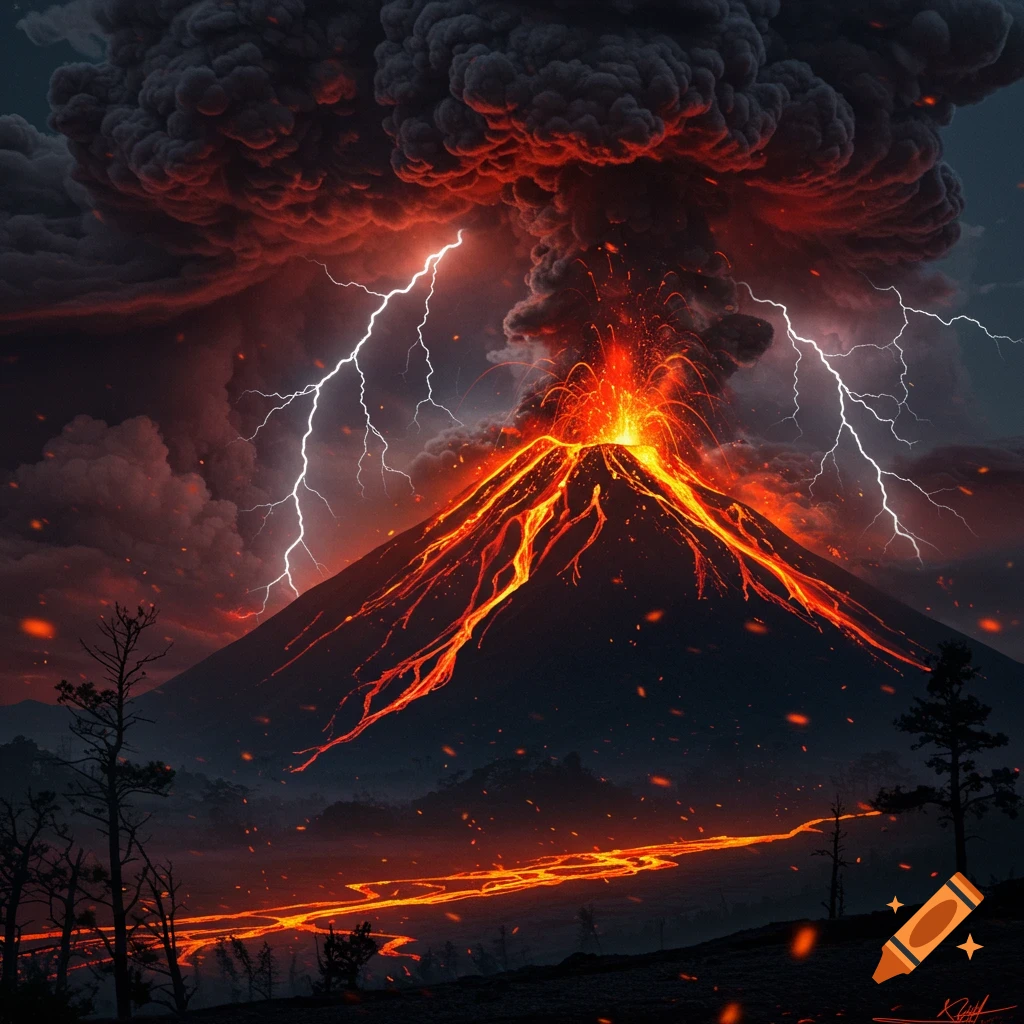 Dramatic nighttime volcanic eruption with glowing lava flows, a massive ash cloud, and multiple lightning strikes.