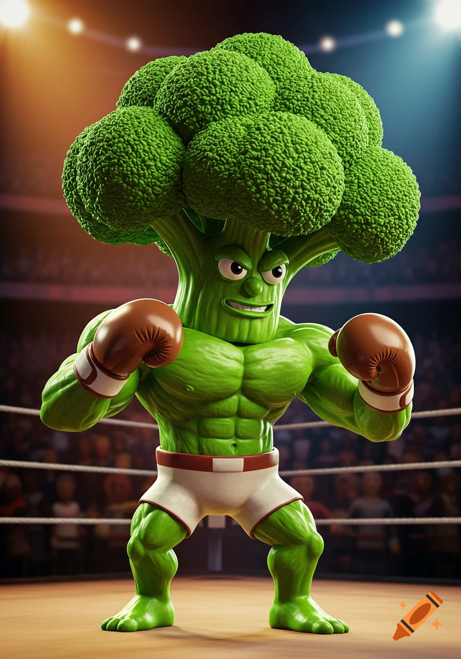 A muscular, green broccoli character with boxing gloves and white shorts stands in a boxing ring, ready to fight.
